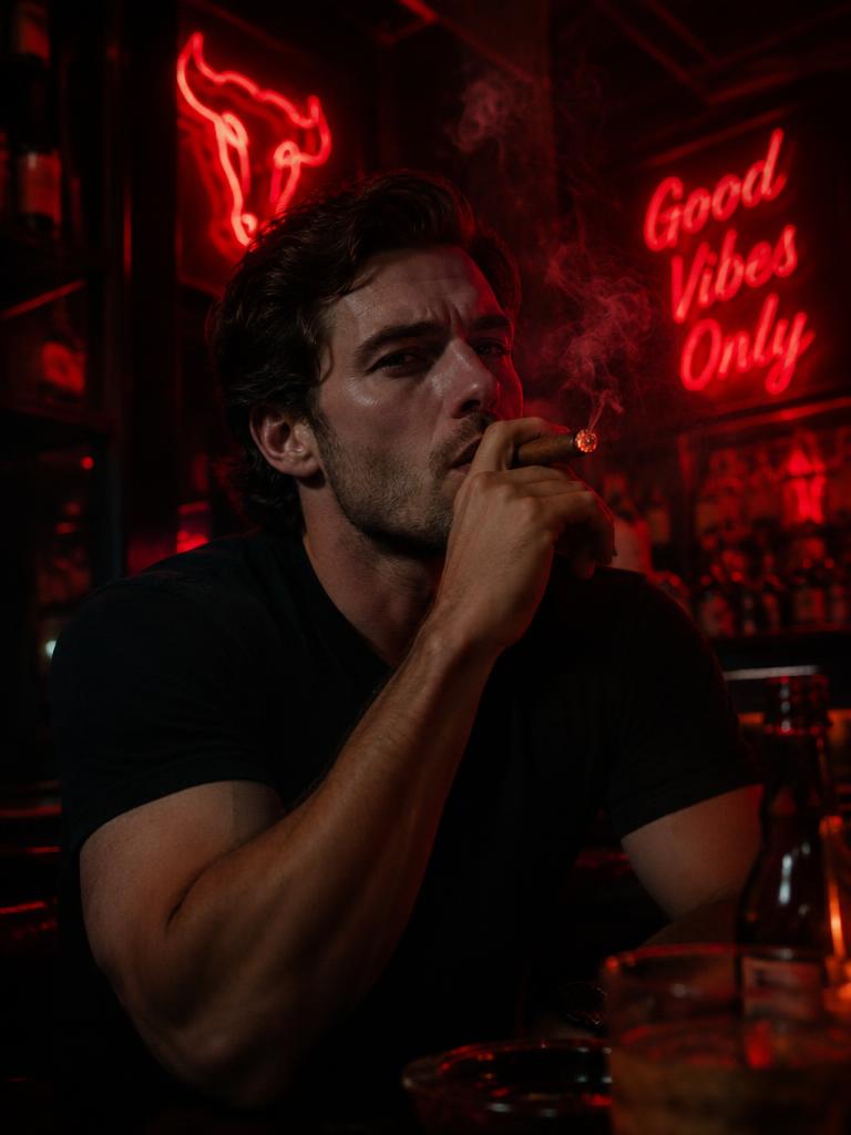 Man smoking cigar, neon bar
